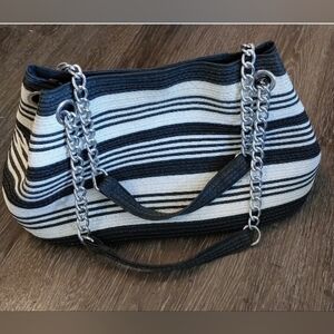 Magid Black and White Striped Paper Straw Nautical Shoulder Handbag Purse Bag